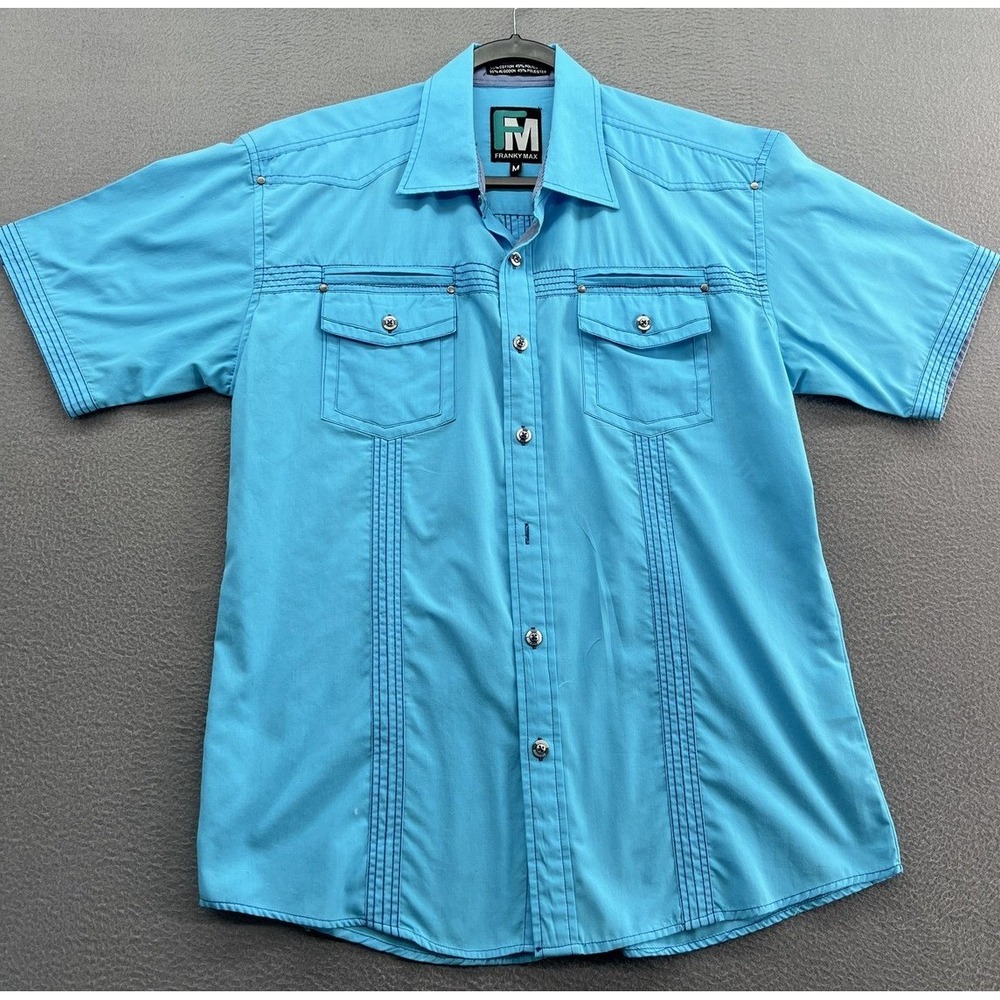 Franky Max Shirt Mens Medium Blue Western Short Sleeve Pearl Snap Pockets Casual
